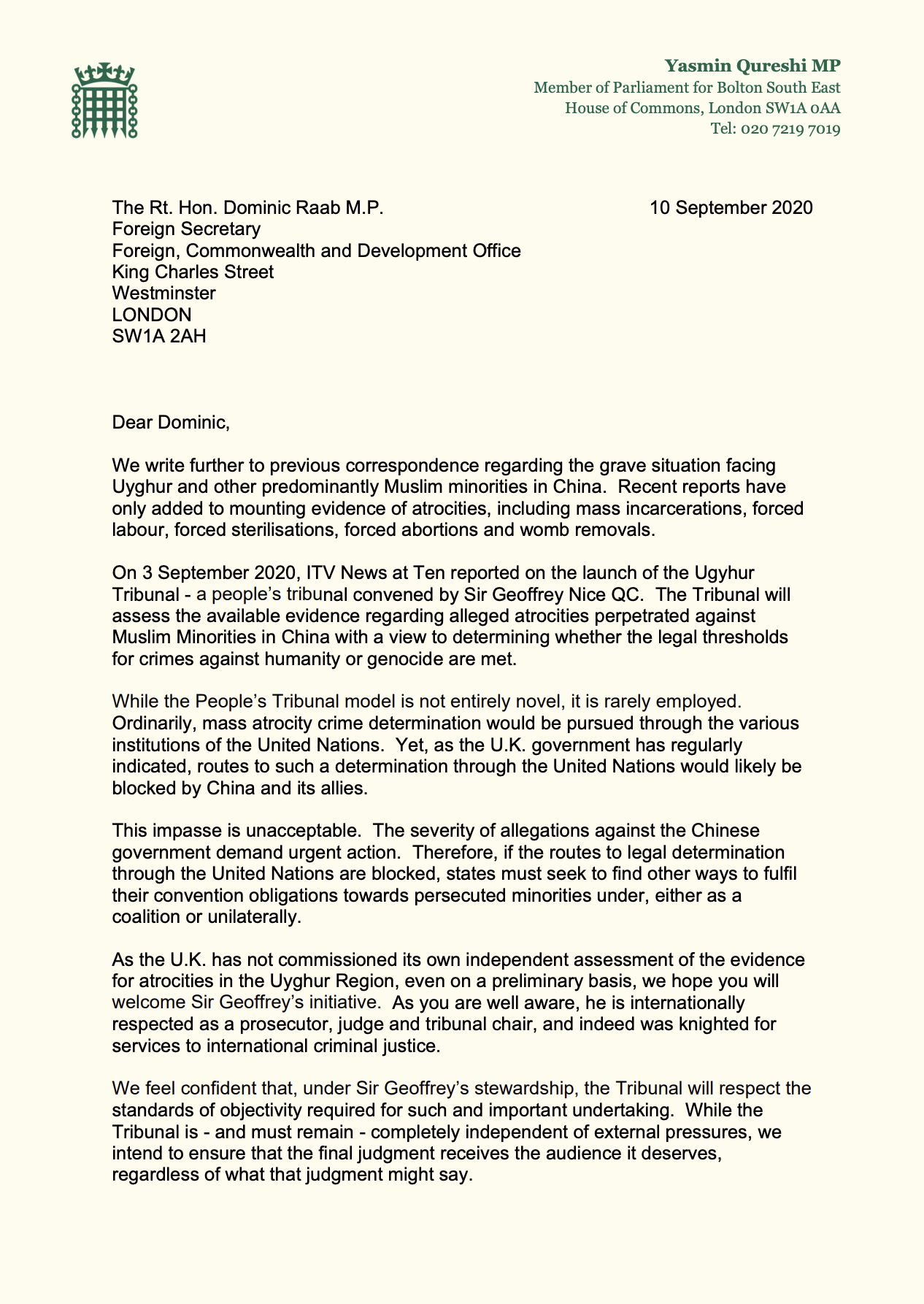 Letter to Dominic Raab re: Uyghurs