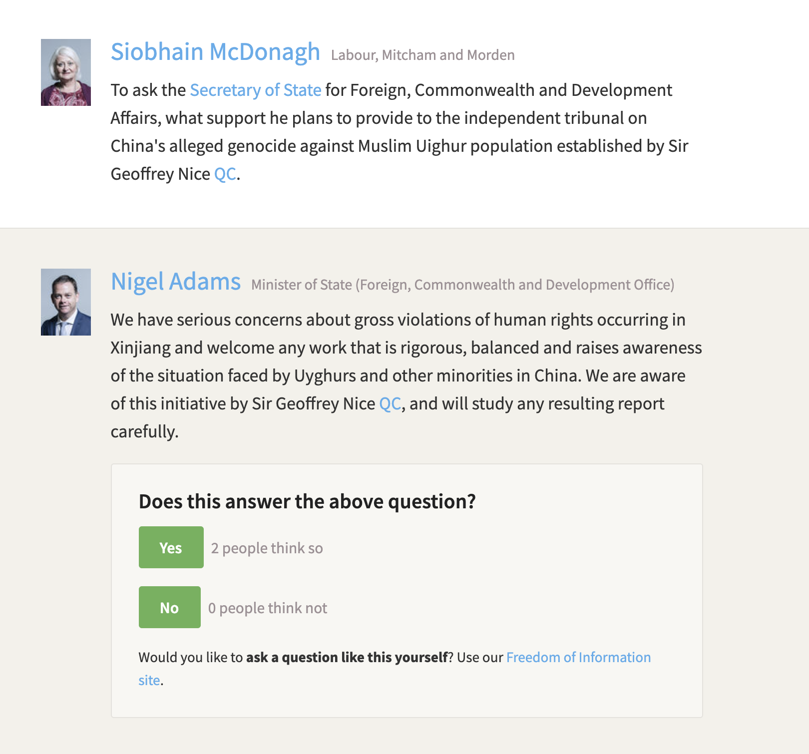 theyworkforyou Uyghur response